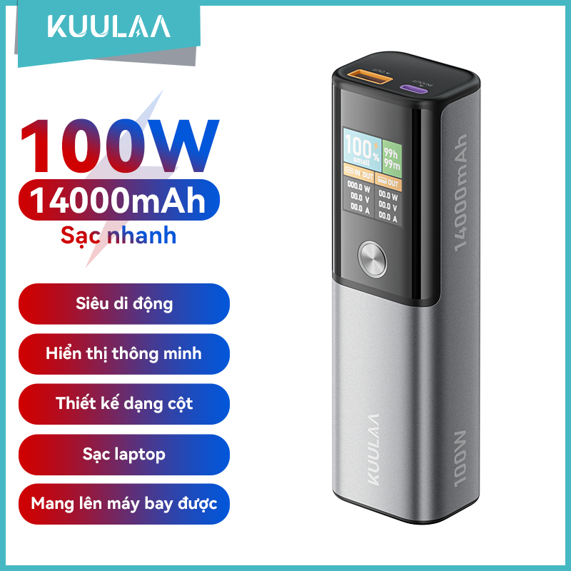 Pin Sạc Dự Phòng KUULAA 100W cho máy tính xách tay, Bộ sạc di động 14000mAh với 2 cổng sạc nhiều thiết bị, Phù hợp với iPhone dòng 16/15, MacBook, Huawei, Xiaomi, Samsung, v.v.