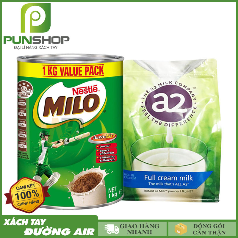 Combo sữa bột milo úc + sữa bột nguyên kem a2