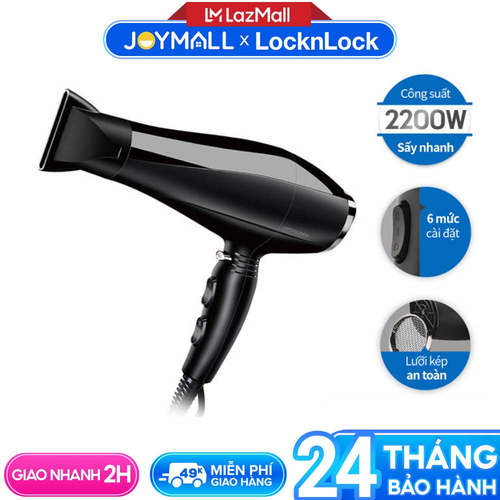 Máy sấy tóc Lock&amp;Lock ENA146BLK - Hàng chính hãng, 3 mức điều chỉnh nhiệt, 2 chế độ sấy nóng-lạnh, công suất lớn 2200w - JoyMall