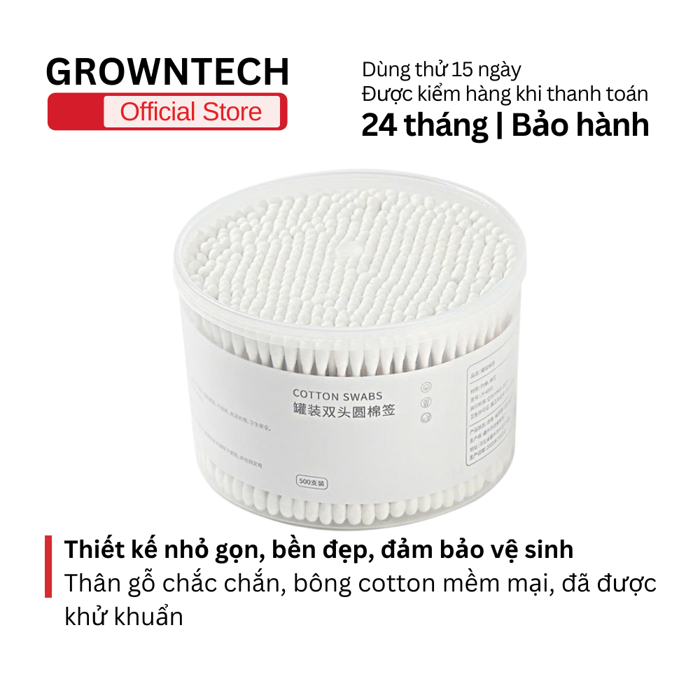 Hộp 500 tăm bông ráy tai, thân tăm gỗ 2 đầu chất liệu bông COTTON được khử khuẩn siêu sạch, chăm sóc tai an toàn