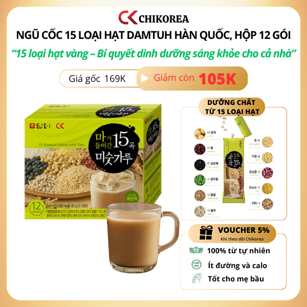 Bột Ngũ Cốc 15 Loại Hạt Damtuh Hàn Quốc, Bổ sung dinh dưỡng - Hộp 12 gói x 20g, CHIKOREA