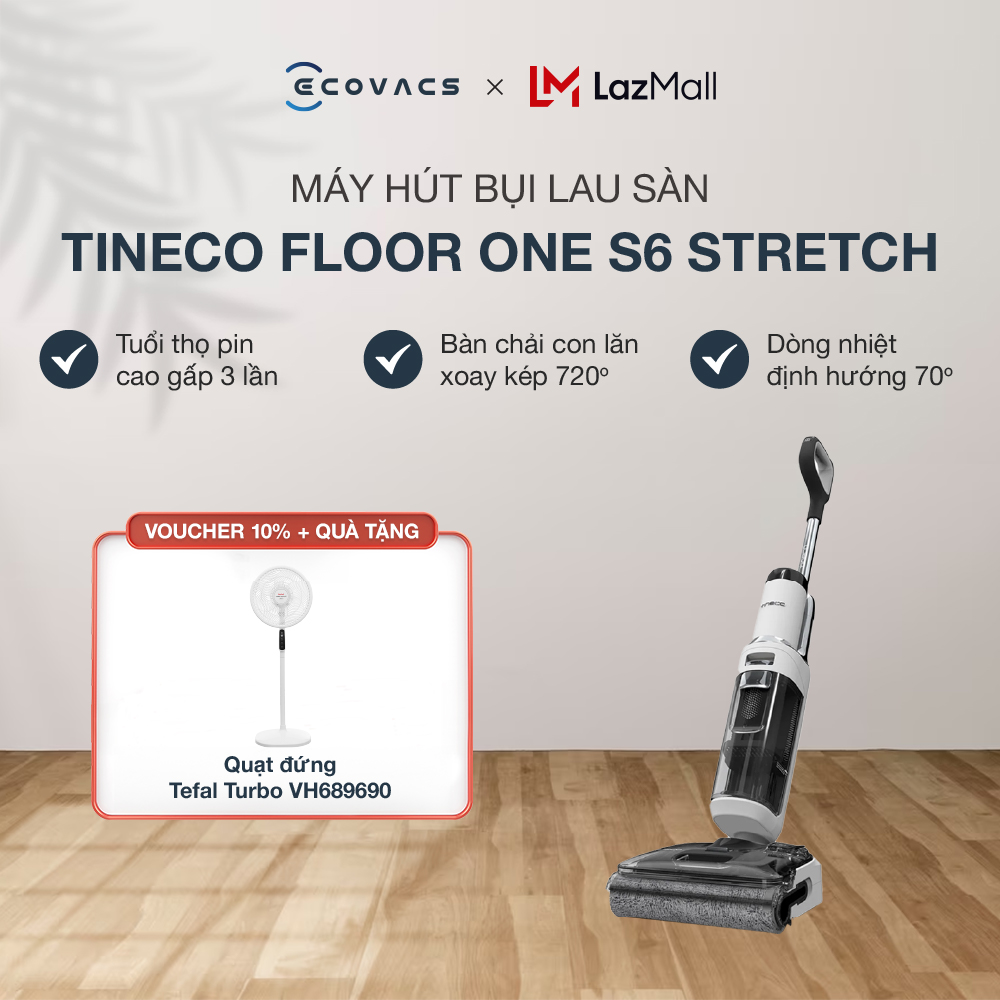 Máy lau nhà khô ướt cầm tay Tineco Floor One Stretch S6 - Sấy khô toàn chuỗi - Mỏng nhẹ linh hoạt - BH 12 Tháng
