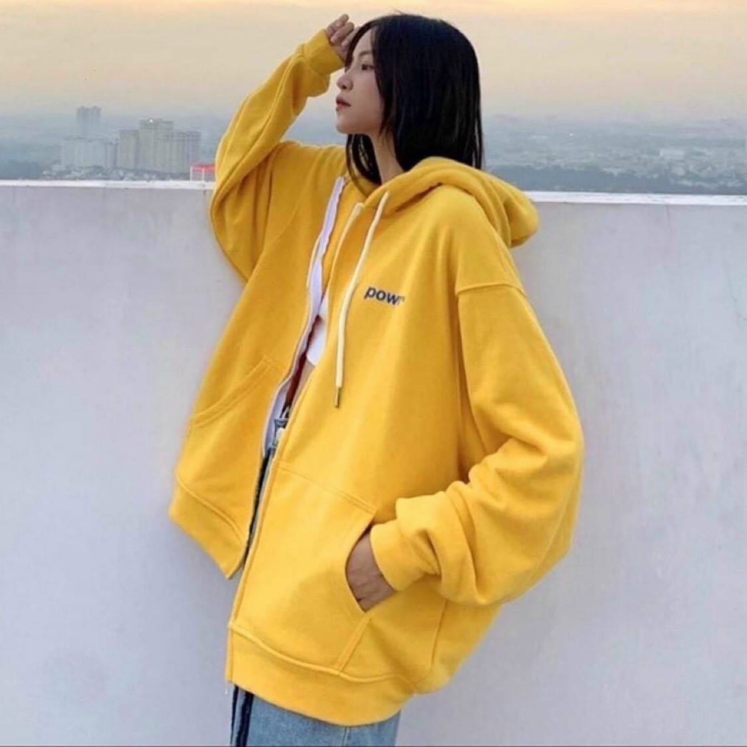 Áo Khoác Nữ - Áo Hoodie Form Rộng Thêu Chữ powr Phối Nón Nỉ Ngoại Cao Cấp Siêu Đẹp Siêu Rẻ XMTT