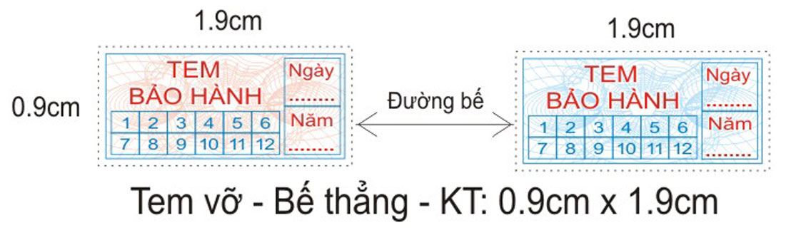 45k/280 tem vỡ, tem dán bảo hành, kt 0,9 x 1,9cm, hình chữ nhật, in + bế sẵn, tem niêm phong sản phẩm