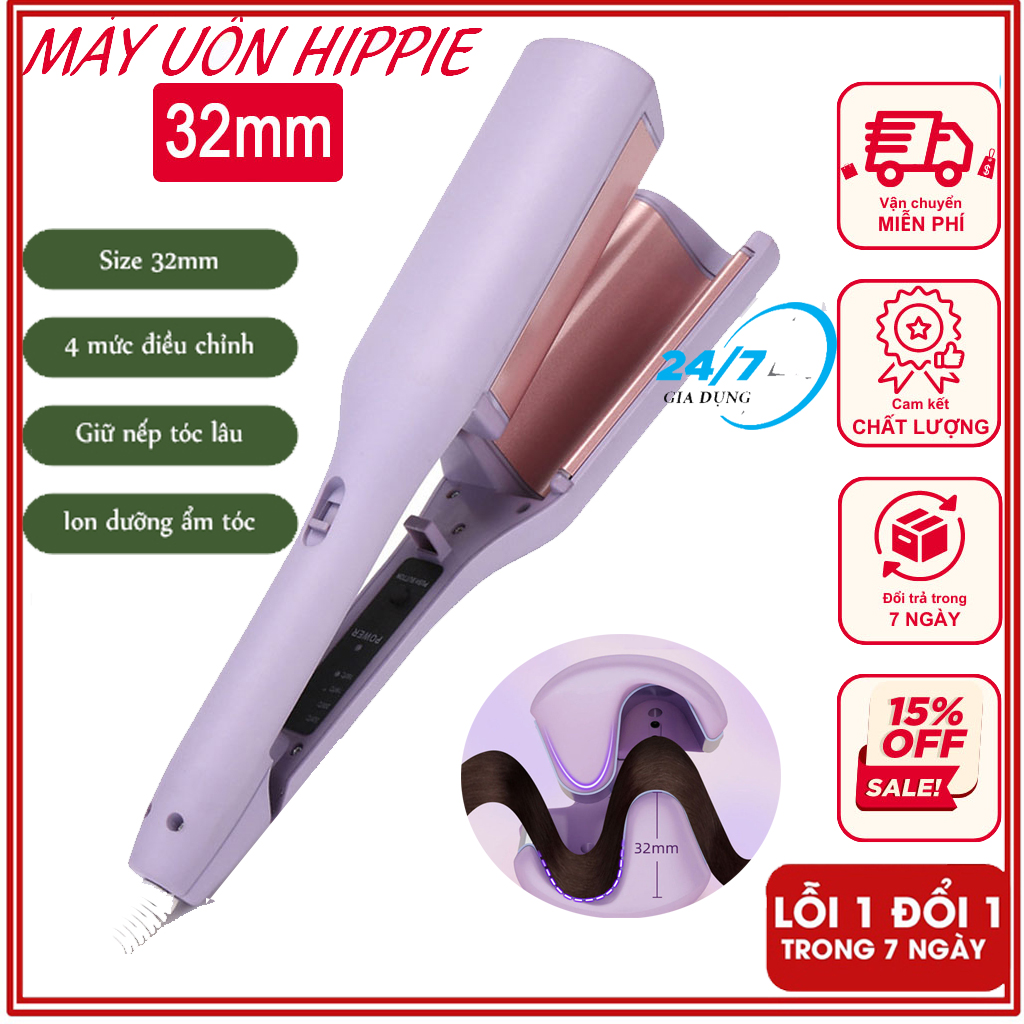 Máy uốn tóc xoăn sóng nước hippie 32mm chất liệu gốm sứ ceramic cao cấp, máy làm xoăn sóng nước 4 mức nhiệt, máy bấm tóc gợn sóng, máy làm xoăn sóng, máy uốn tóc - giadungbv247