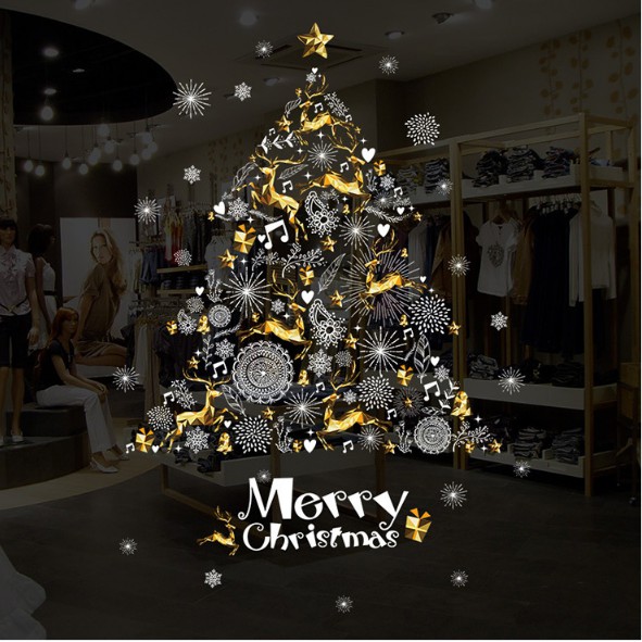 Decal cây thông trang trí Noel Decal Dán Trang Trí Noel – Hình Cây Thông Màu Sắc Trắng Vàng - 039. Thông Trắng Vàng