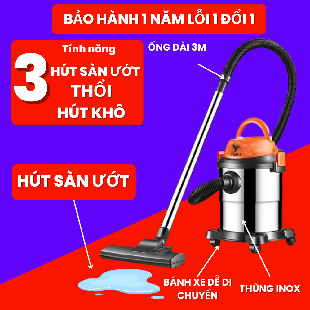 Máy hút bụi công nghiệp gia đình TUHU GR-923 3 chế độ hút khô hút nước và thổi chính hãng