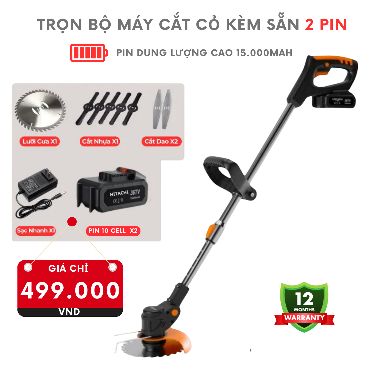 Máy cắt cỏ pin động cơ lõi đồng 100% công suất lớn tặng bộ phụ kiện lưỡi cắt làm vườn chuyên dụng