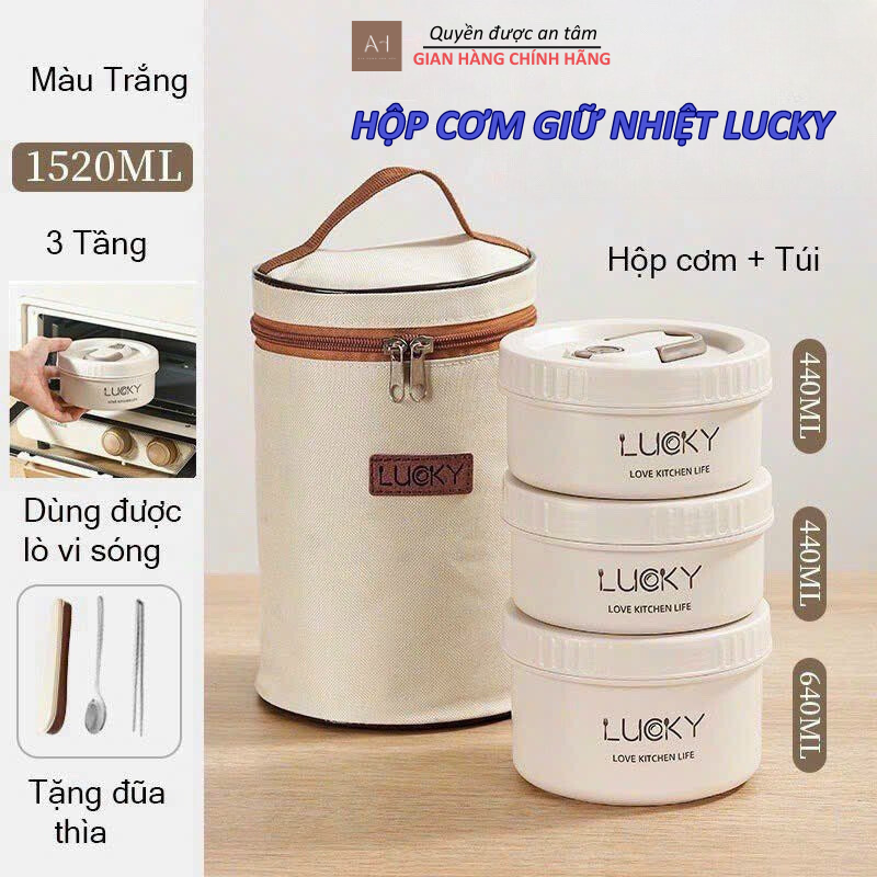Hộp cơm giữ nhiệt Lucky, Hộp cơm trưa văn phòng cao cấp cách nhiệt 3 tầng bằng thép không gỉ 304L