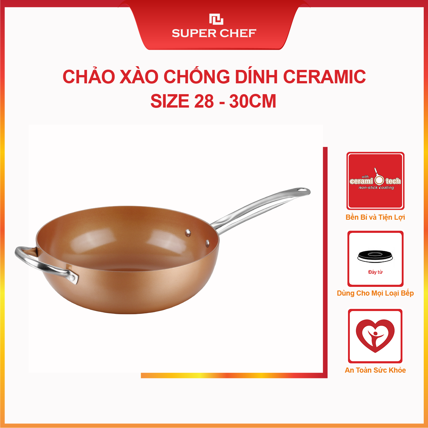Chảo Xào Chống Dính Super Chef Siêu Bền Bỉ, Nấu Mọi Loại Bếp (từ, gas,điện,....) Không Bong Tróc