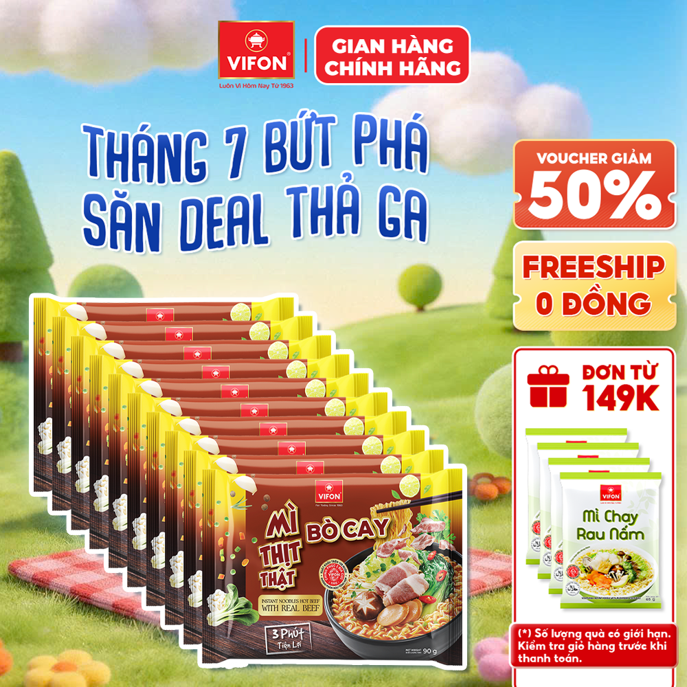 [Voucher 28% đơn từ 400K] Set 10 Gói Mì Thịt Thật Bò Cay/ Thịt Bằm/ Riêu Cua VIFON 90g