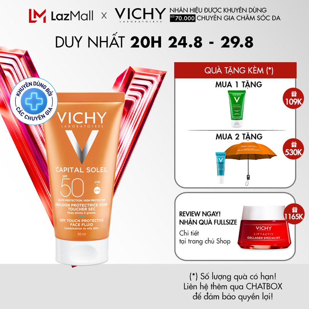 Kem chống nắng không nhờn rít SPF 50 UVA +UVB Vichy Capital Soleil Mattifying Dry Touch Face Fluid