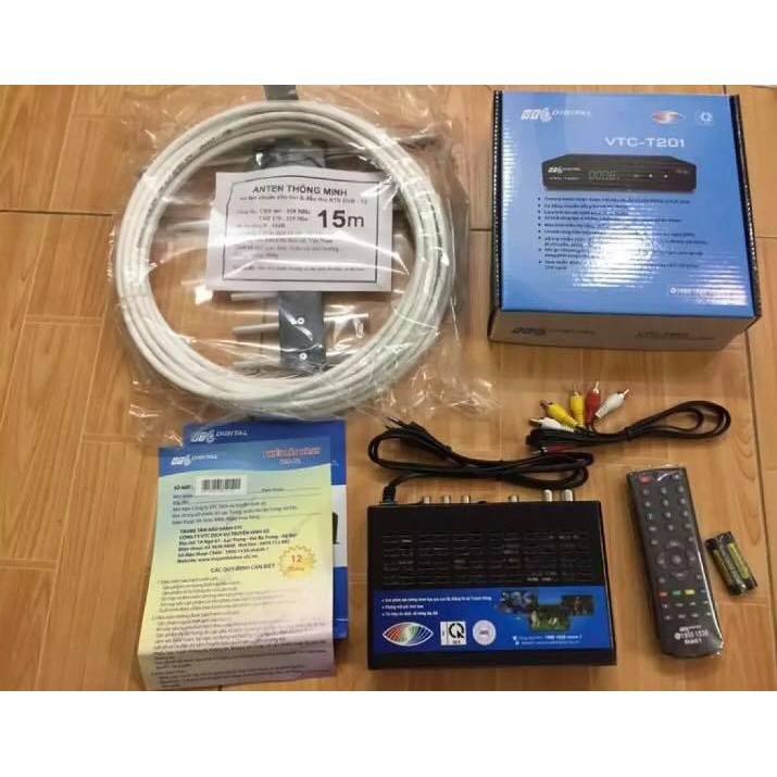 đầu thu kĩ thuật số DVB T2 VTC T201 + tặng anten kèm 15m dây - xem truyền hình miễn phí không giật lác - bh 12 tháng