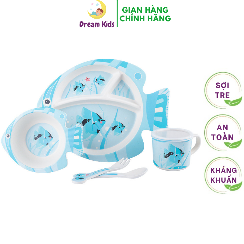 Khay ăn dặm sợi tre Bamboo Life an toàn cho bé- Bộ chén ăn dặm cao cấp 5 chi tiết thìa, dĩa, khay, bát, cốc hình cá- BL029