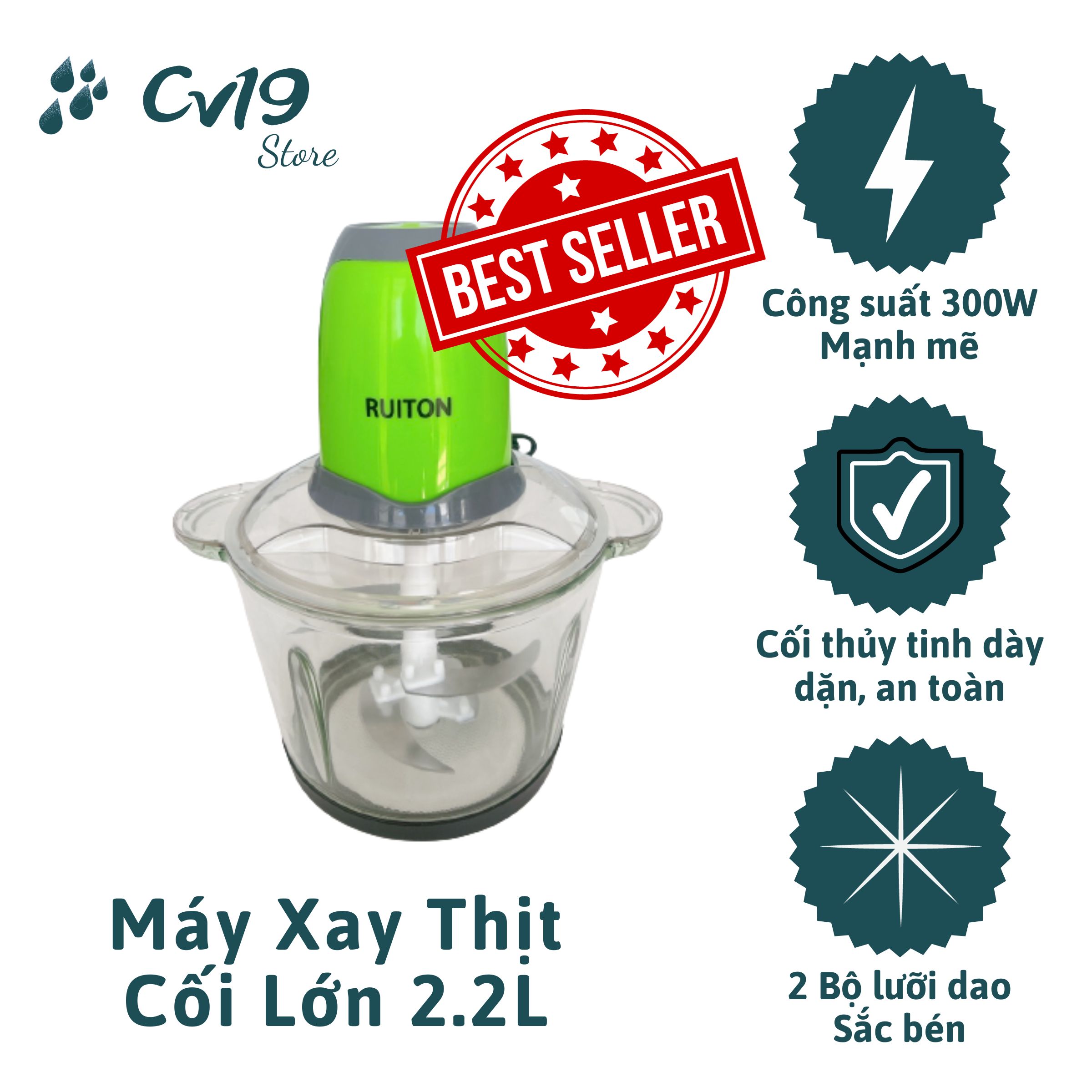 RUITON - Máy xay thịt công suất mạnh 300w, làm giò chả, thịt xay, sinh tố