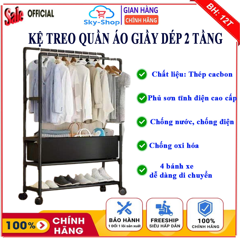 Kệ treo quần áo giày dép 2 tầng đa năng,  Giá treo quần áo kim loại chắc chắn tiện lợi được làm bằng thép Cacbon cao cấp, sơn phủ nhiệt cao tĩnh điện 6 lớp siêu đẹp chống nước, chống điện, chống oxi hóa tuyệt đối, tủ quần áo, giá treo quần áo
