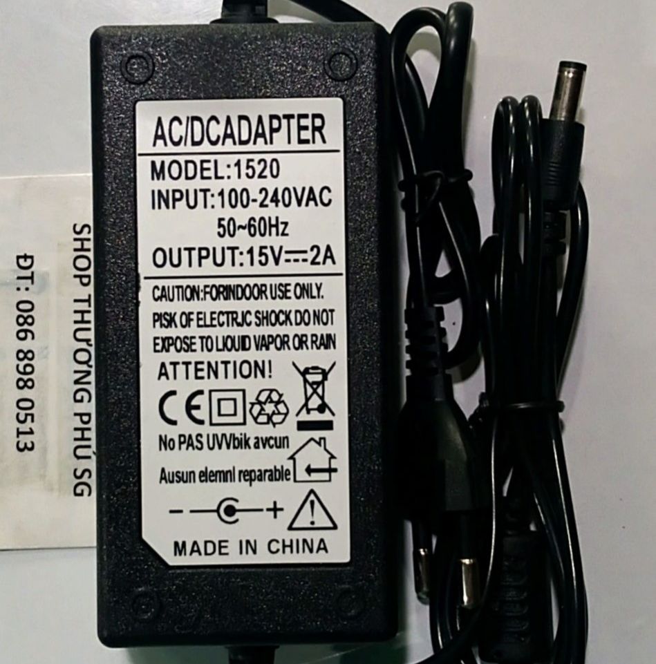 Bộ nguồn Adapter DC: 15V - 2A (2000mA) - Đầu lớn (Chuẩn đầu cắm: 5.5mm X 2.1~2.5mm)