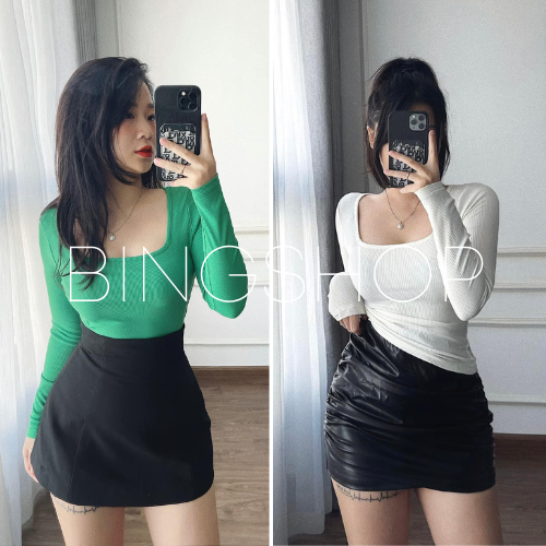 Áo thun nữ cổ vuông dài tay form ôm vải tăm co giãn siêu xinh