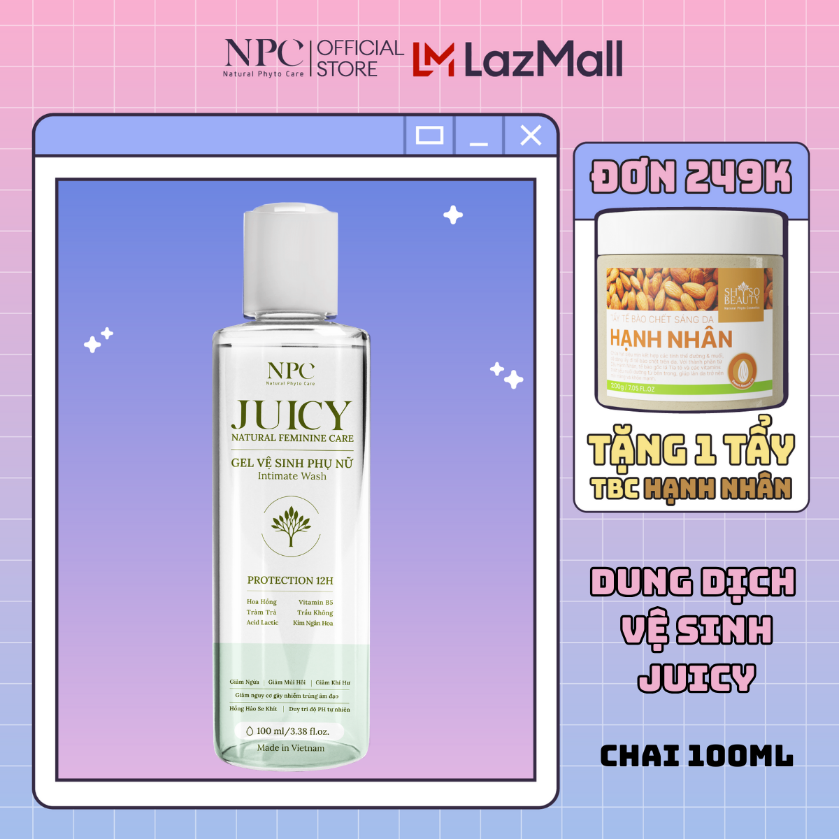 Dung dịch vệ sinh phụ nữ Juicy chai 100ml tinh chất trầu không tràm trà giảm viêm, ngăn ngừa nấm hiệu quả - NPC Phar