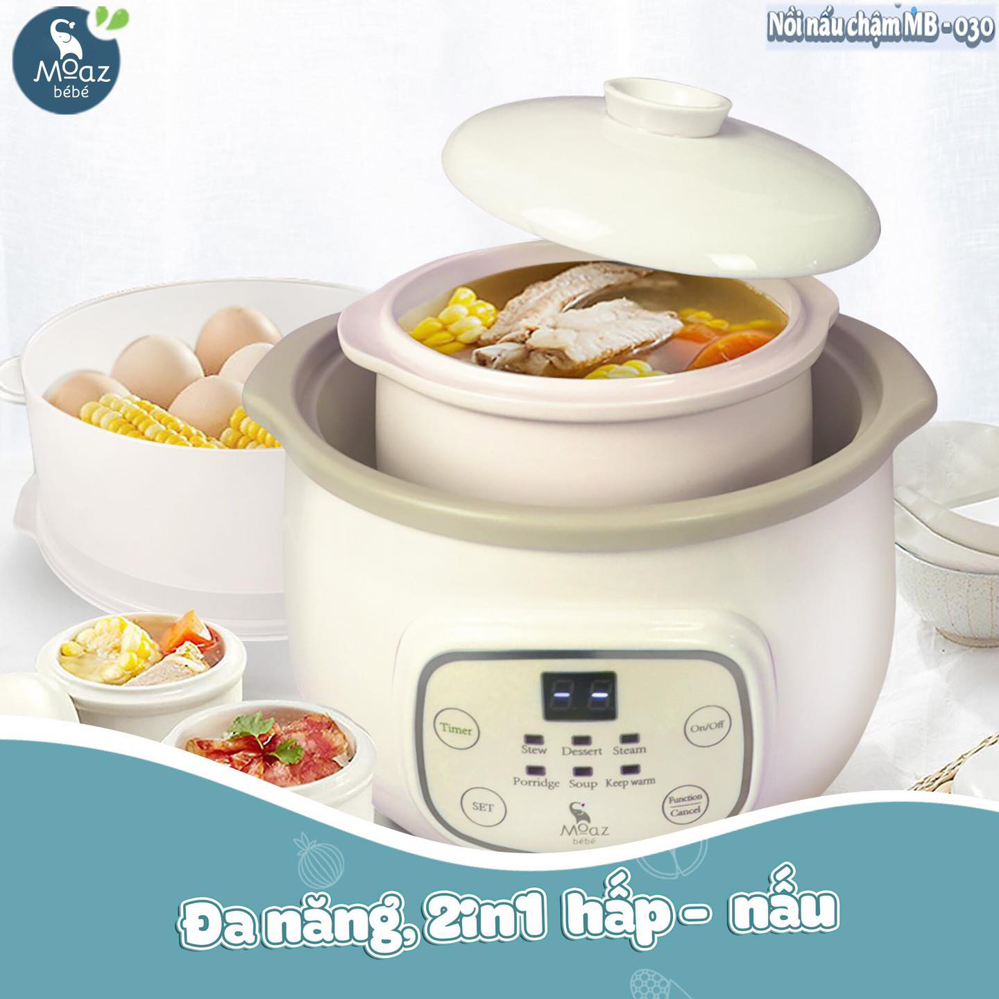 [ CHÍNH HÃNG ] Nồi Nấu Cháo Chậm Đa Năng MOAZ BÉBÉ MB-030 1.5 Lít 2 Trong 1 Vừa Nấu Vừa Hấp-Giá Cực Rẻ, Ninh Hầm Canh, Giữ Ấm, Các Món Ăn Cho Bé Ăn Dặm Ngon Miệng, Tốt Cho Hệ Tiêu Hoá Non Nớt Của Trẻ.