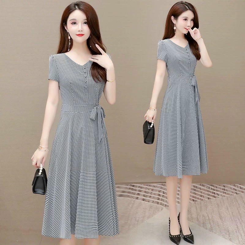 Đầm caro dáng xòe nhẹ thắt nơ ở eo chất poly 2 da kiểu dáng nữ tính thanh lịch - th