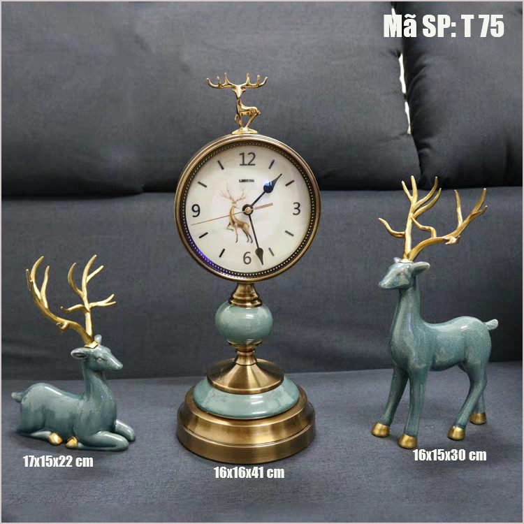 Tượng hươu sứ kèm đồng hồ để bàn xanh T75