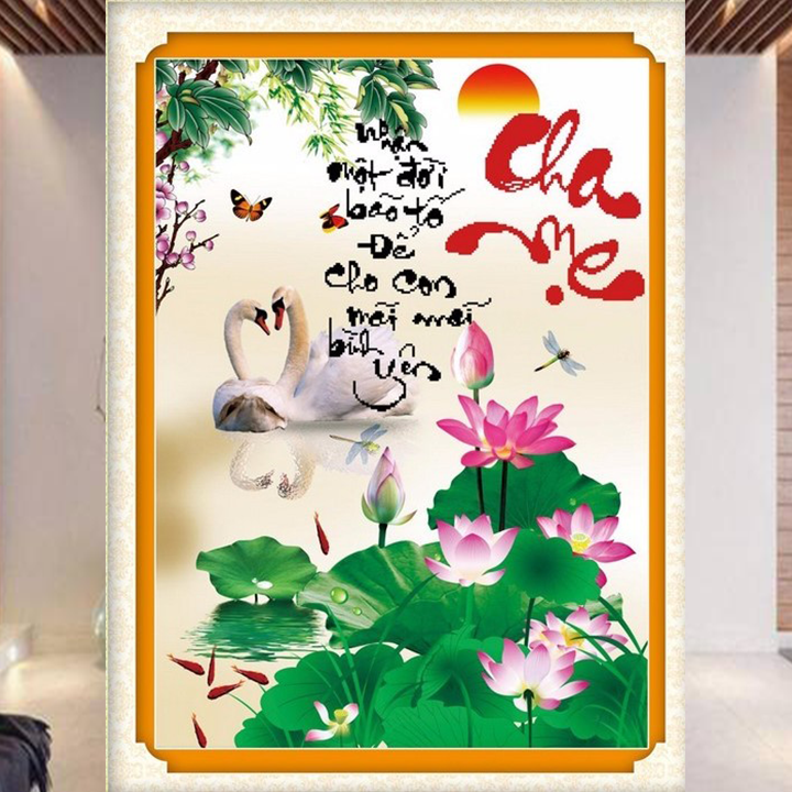 [HCM]Tranh thêu chữ thập cha mẹ thiên nga hoa sen LV3458 - kích thước 50 * 75