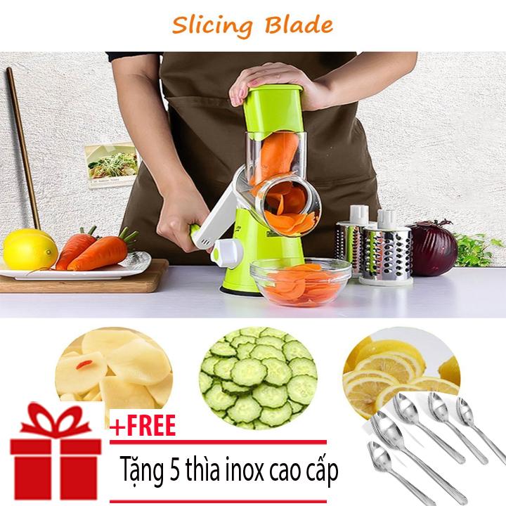 Bộ nạo củ quả quay tay 3 đầu thay chất liệu thép không gỉ Cao Cấp, Dụng cụ nạo rau củ thành dạng sợi, Máy thái rau củ quả đa năng GDL08, Dụng Cụ Bào Sợi, Thái Lát, Cắt Rau Củ Quả Đa Năng + Tặng 5 thìa inox cao cấp