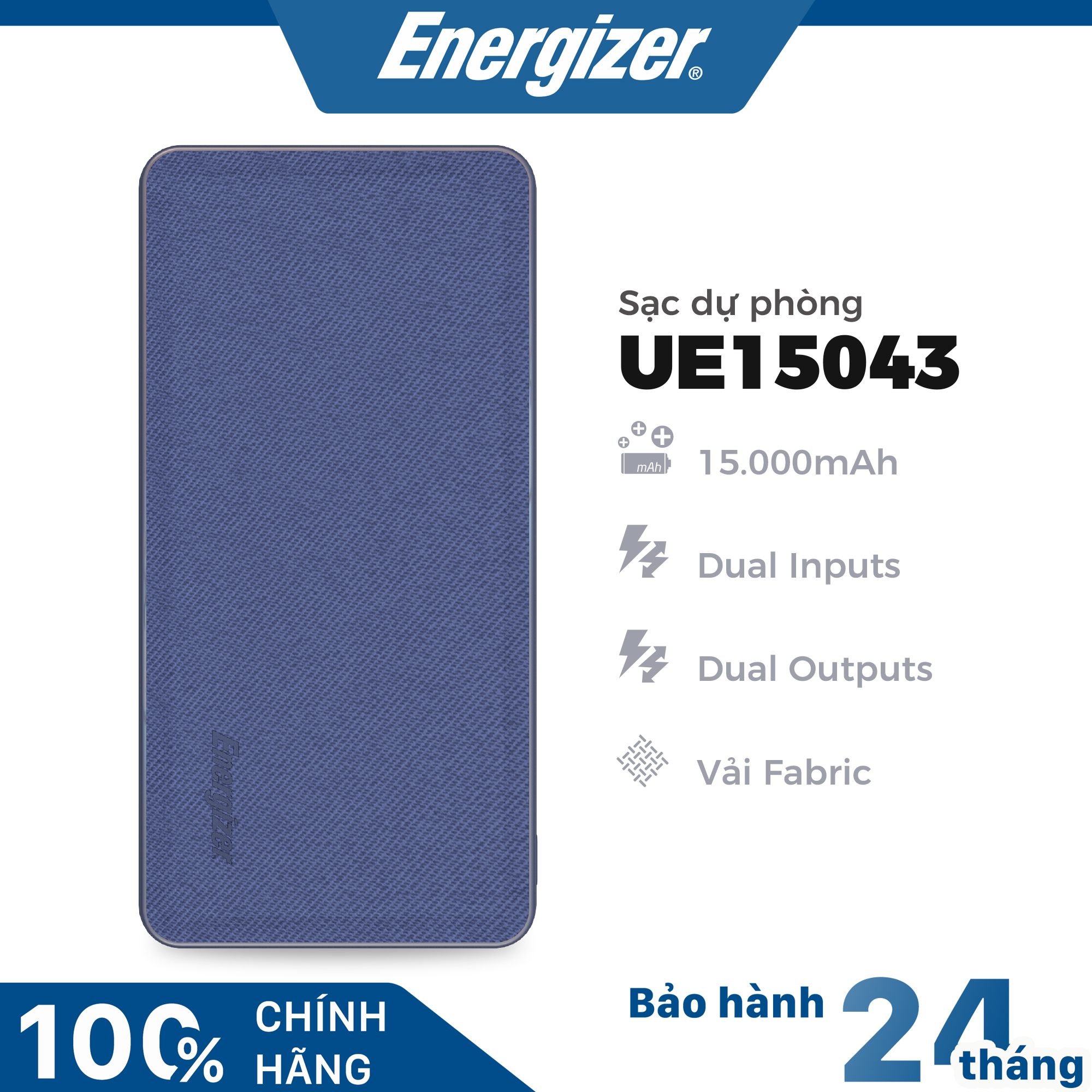 Sạc dự phòng Energizer 15000mAh UE15043 - Tích hợp 2 cổng output tiện lợi, thiết kế bọc vải Fabric thời trang - Hàng chính hãng
