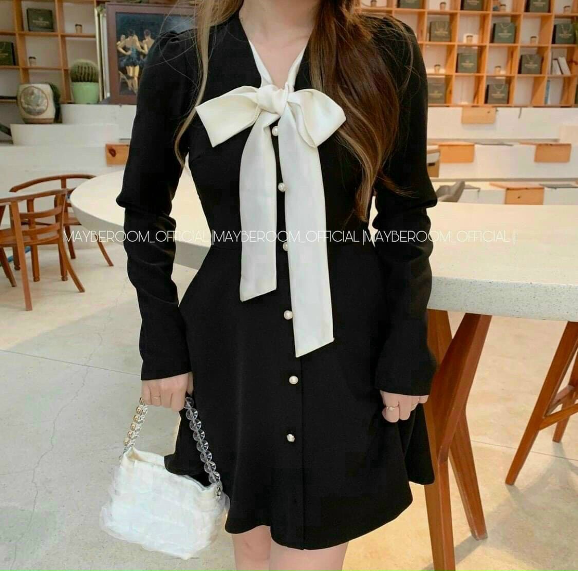Đầm nữ đi chơi tay cài nút thắt nơ xinh xắn