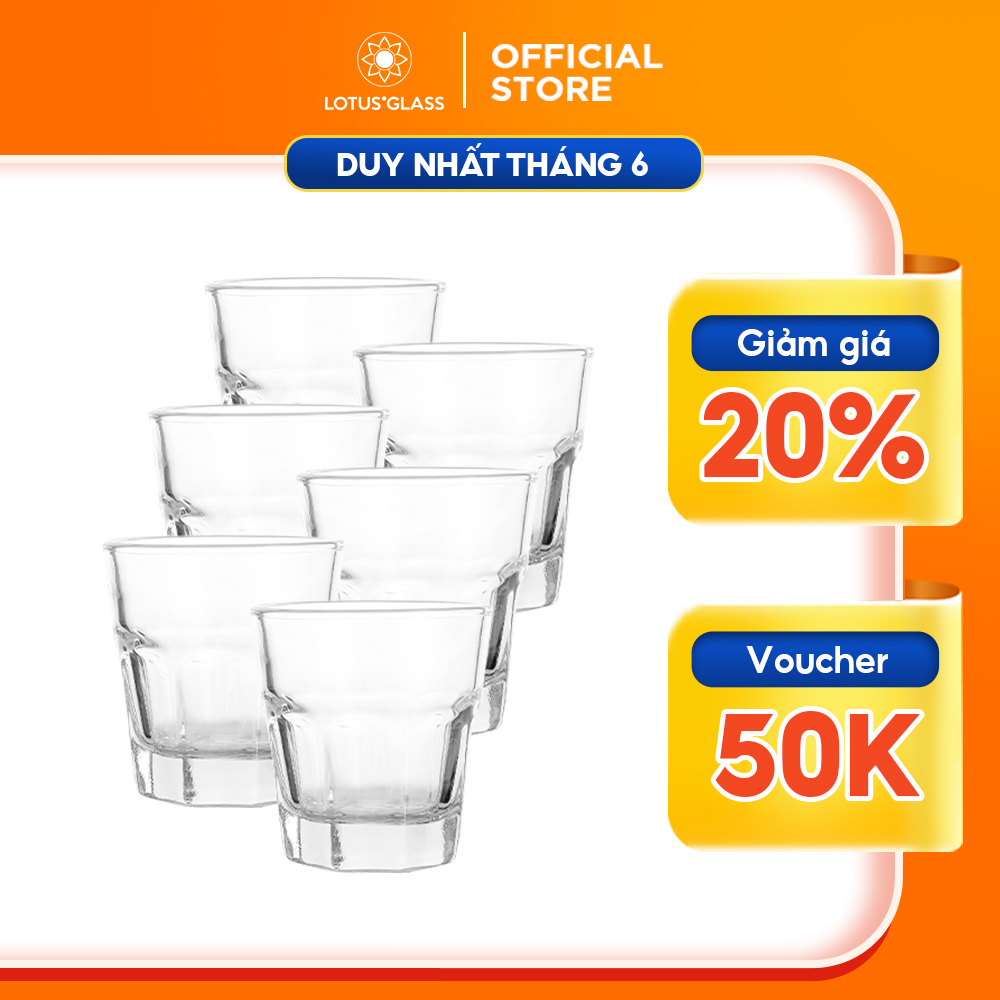 Bộ 6 cốc thủy tinh vát tám cạnh LOTUS GLASS VTC40x thấp trong suốt cao cấp, an toàn, dùng cho các loại đồ uống gia đình