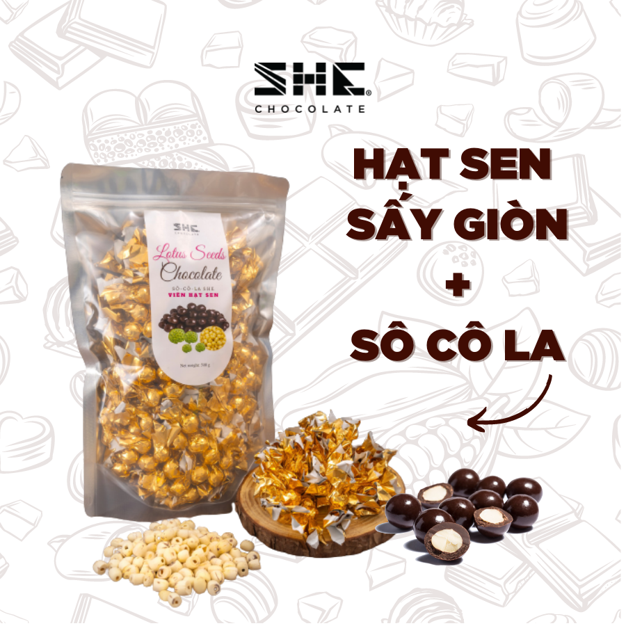 Socola viên Hạt Sen - SHE Chocolate - Hạt sen thơm ngát sấy giòn tan kết hợp với Socola đen tạo nên vị giác ngon tuyệt vời, tốt cho sức khỏe và bổ sung năng lượng. Thích hợp ăn vặt, làm quà tặng đặc biệt