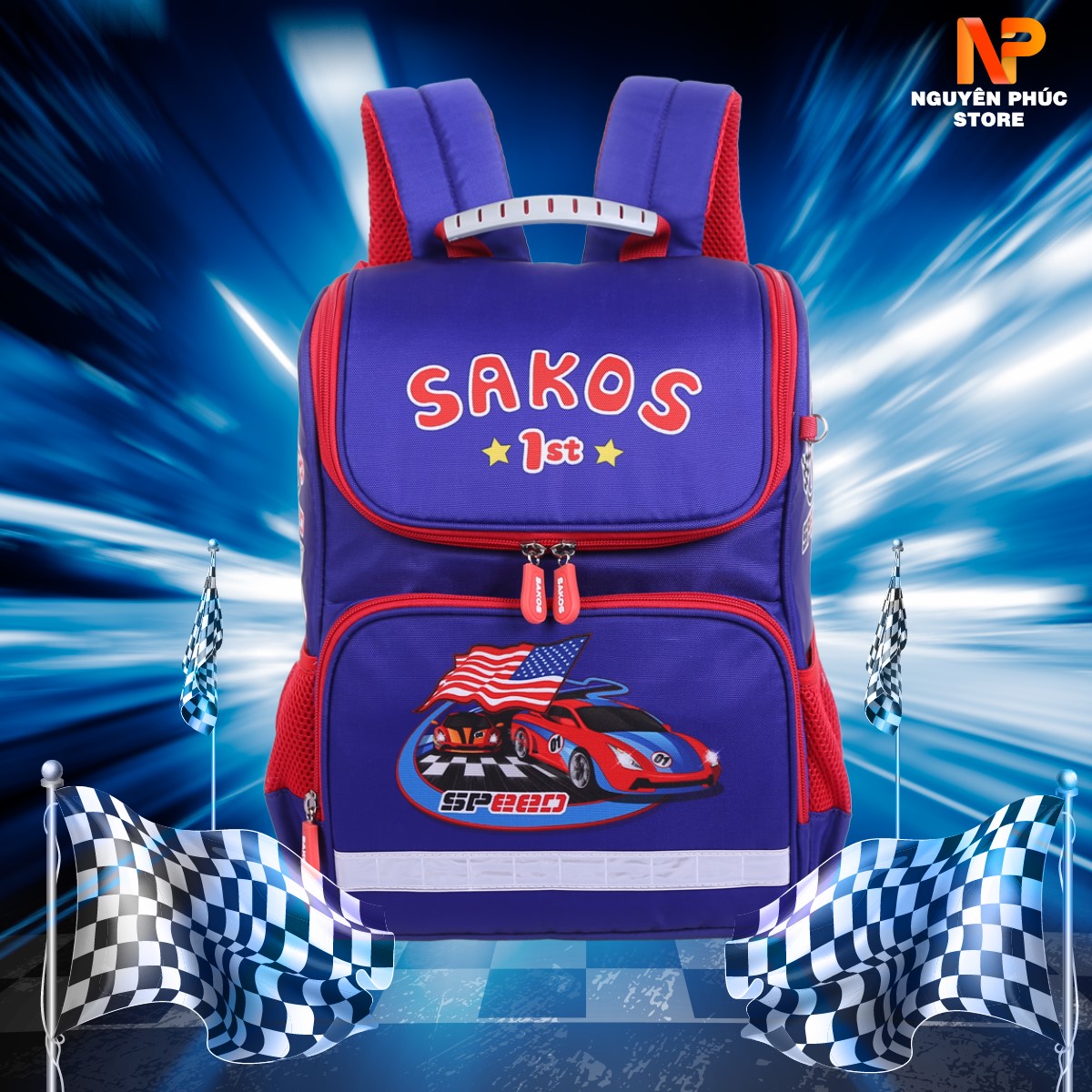 Balo Trẻ Em Đi Học Chống Gù Lưng Cho Bé Trai (Xanh Dương Đậm) Sakos Simple - Siêu Nhẹ - Họa Tiết Xe Đua 1 - Chống Nước Tốt .Bảo Hành Chính Hãng Sakos