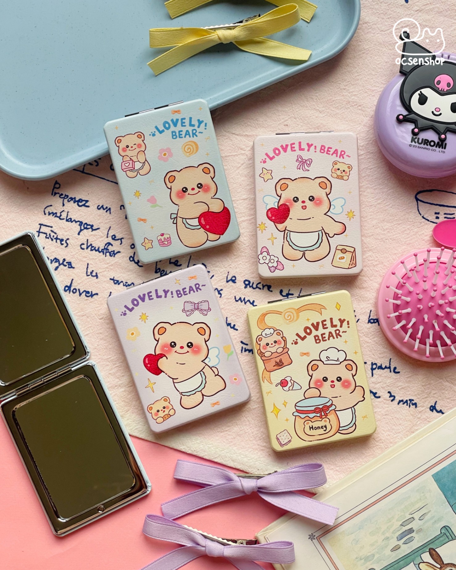 Gương bọc da 2 mặt chữ nhật Lovely Bear