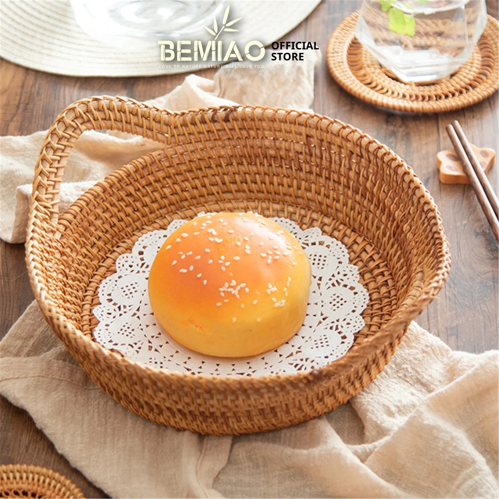 Giỏ mây có tay cầm đựng đồ ăn, hoa quả  Rổ mây tay cầm trang trí nhà Bemiao Shop