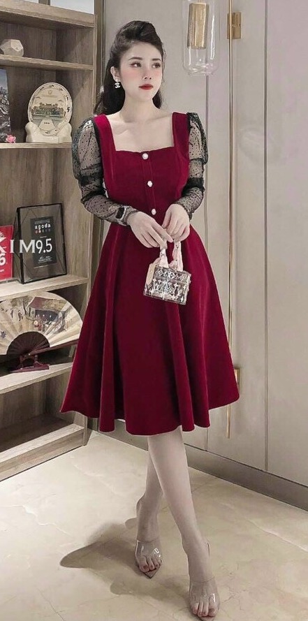 Đầm tiểu thư tay dài lưới bi dễ thương mẫu mới bán chạy