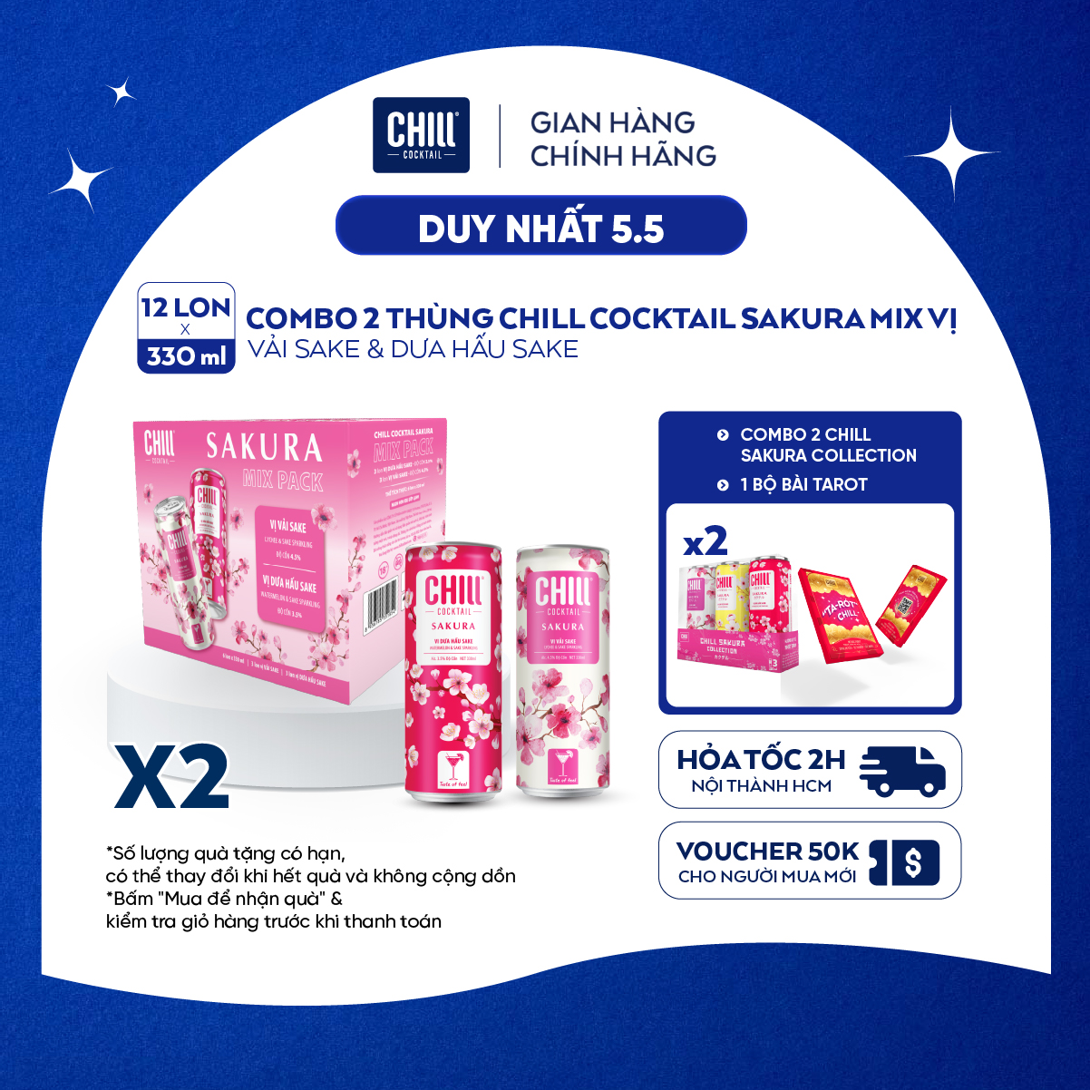 Combo 2 Thùng 6 lon Chill Cocktail Sakura mix vị Vải Sake & Dưa Hấu Sake (12 lon x 330ml/lon)