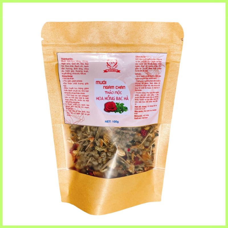100g Muối Ngâm Chân Hoa Hồng & Bạc Hà – Thơm chân, thư giãn, ngủ ngon, hỗ trợ giảm đau nhức xương khớp