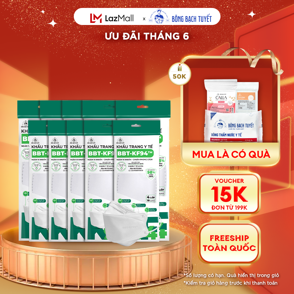 Combo 10 gói khẩu trang bông bạch tuyết kf94 4 lớp trắng
