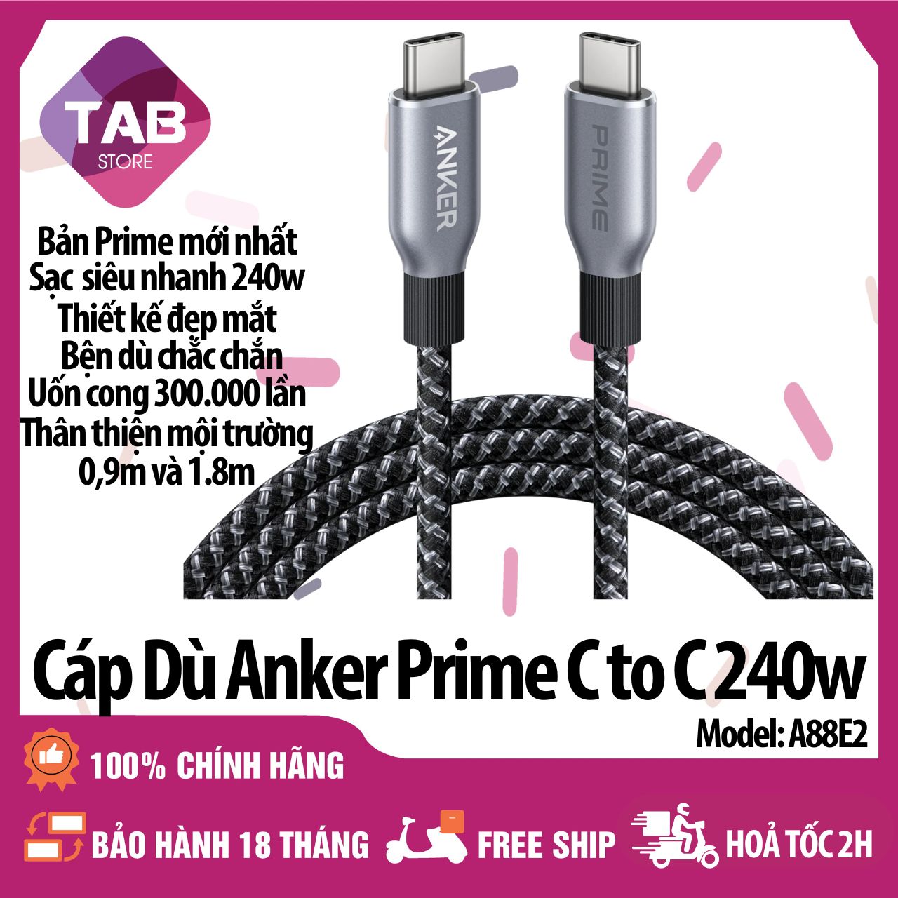 Cáp Dù Anker Prime C To C 240w Siêu Bền Với 300.000 Lần Uốn Cong A88E2 - Bảo Hành 18 Tháng