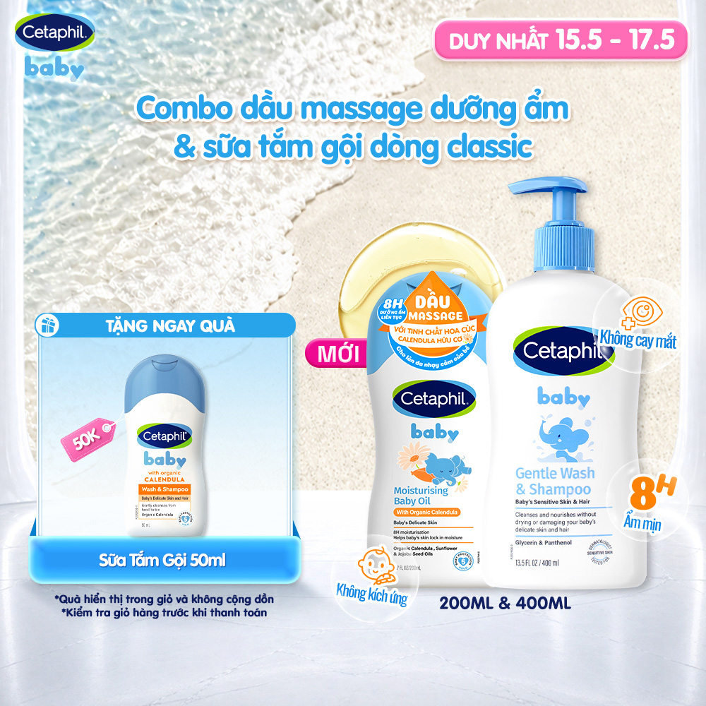 Combo Sữa tắm gội dịu lành cho bé GENTLE WS 400ML  Dầu massage dưỡng ẩm làm dịu Calendula Baby Oil 200ml
