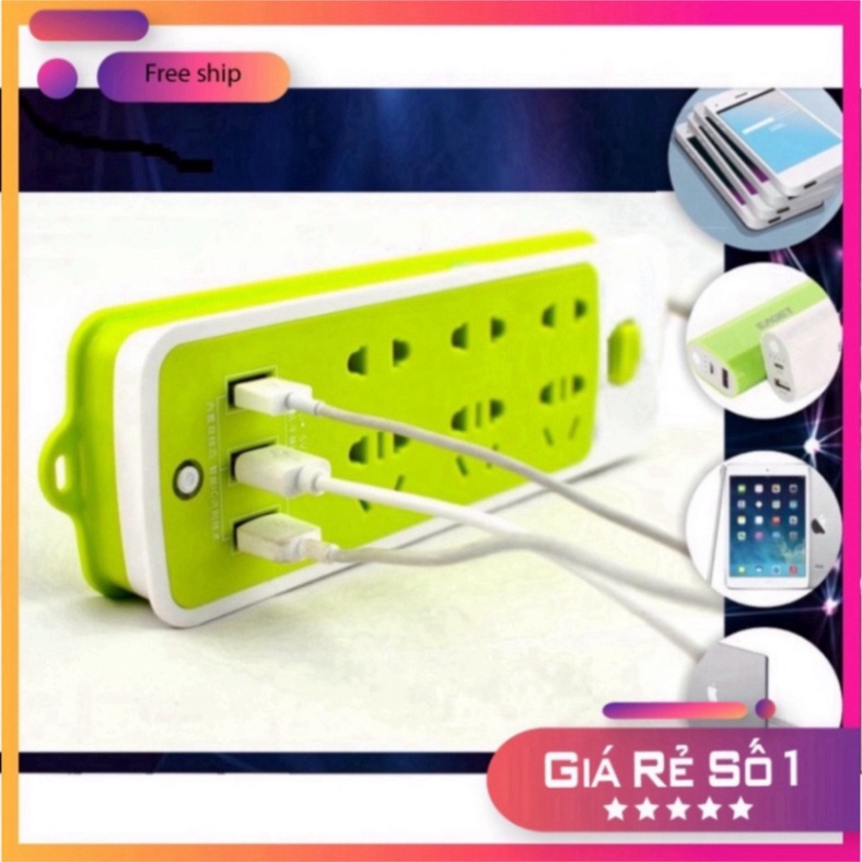 Ổ kết nối điện thông thái đa zi năng 6 phích cắm 3 cổng usb, ổ điện xanh thái lan có cổng usb tiện lợi