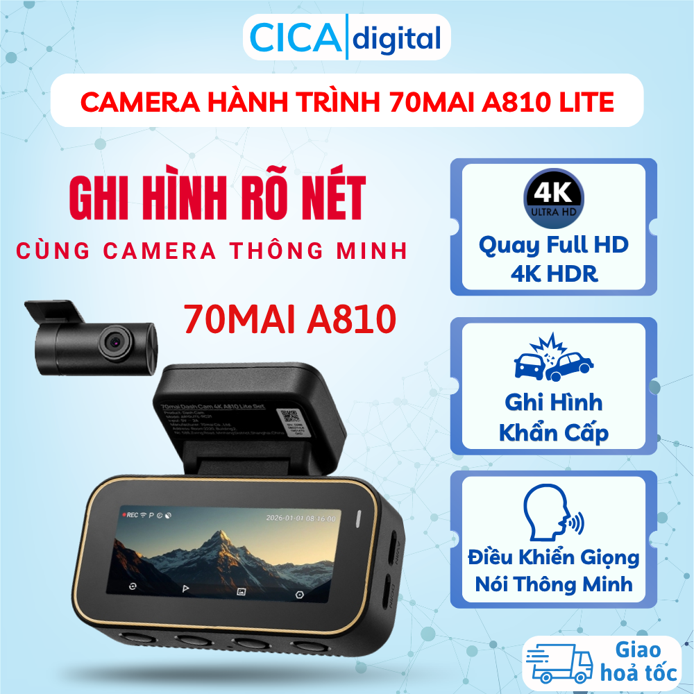 70Mai A810 Lite 4K Hdr Dash Cam with Super Sharp Front and Rear Dual-Lens Recording, Voice Control, 24-Hour Parking Monitoring Giá 3,186,000 Đồng*Miễn phí vận chuyển