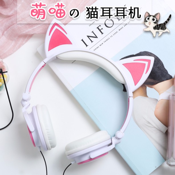 Tai nghe chụp tai mèo cute có dây míc đàm thoại tặng kèm pin hót nhất 2021 có đèn lead