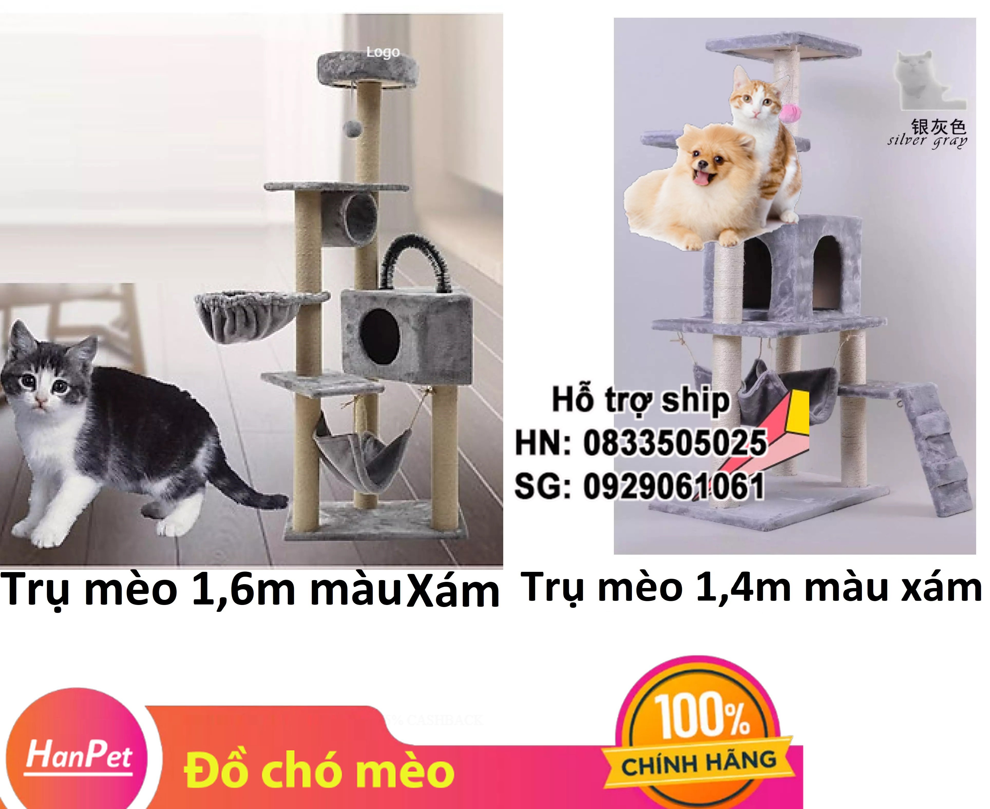 Hanpet - Trụ mèo leo trèo - nhà cây cho mèo (Màu xám) trụ cho mèo chơi đa chức năng cat tree/ nhà mèo cào móng