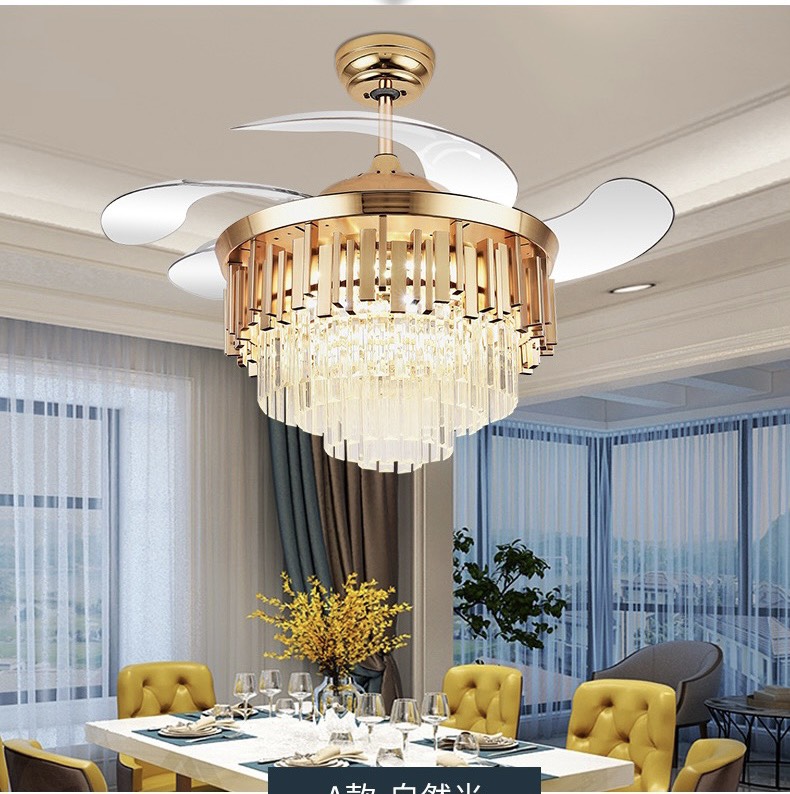 Quạt trần đèn Pha lê cao cấp, Quạt trần dấu cánh 3 chế độ, QTD-07