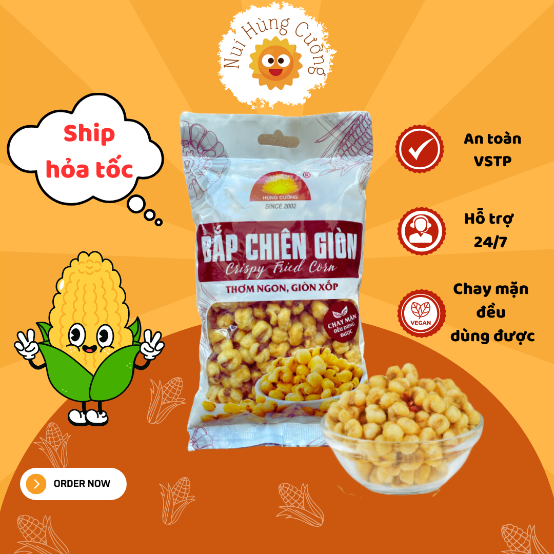 Combo 10 gói bắp chiên giòn 100g | ngô cay | ăn chay được | đồ ăn vặt | ngô nếp sấy giòn | bắp chiên hùng cường | ngô sấy
