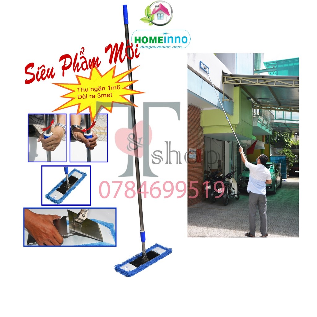 Cây lau nhà, lau tường cán thu ngắn 1.6mét kéo dài 3mét microfiber san hô 45cm homeinno