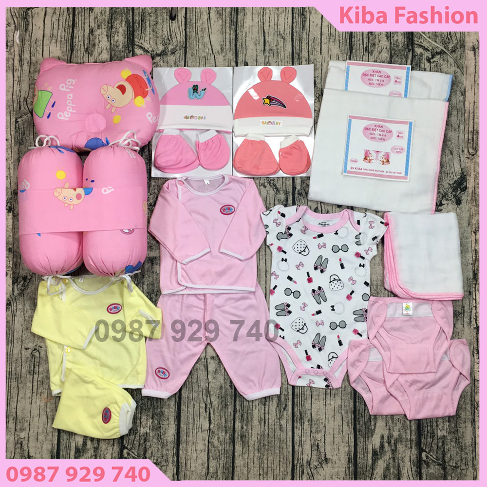 HỖ TRỢ PHÍ SHIP 15K !!!Combo 26 món đồ dùng cho bé sơ sinh cao cấp GỒM (2 bộ quần áo + 2 bộ bao tay + bao chân + 2( mũ ) nón + 3 tã dán + 10 khăn sữa 2 lớp + 2 khăn tắm 4 lớp + 1 bộ body sute cộc tay + 1 bộ gối, gồm 1 bộ gối chặn và 1 gối lõm )