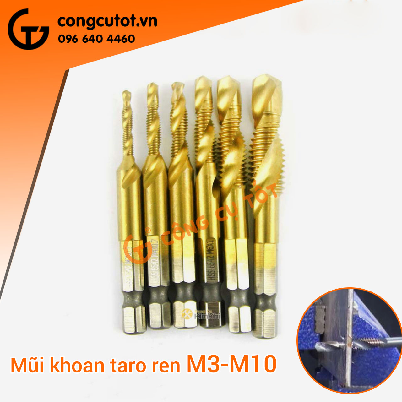 Bộ 6 mũi khoan và taro ren M3-M10 phủ Titanium, tạo ren inox
